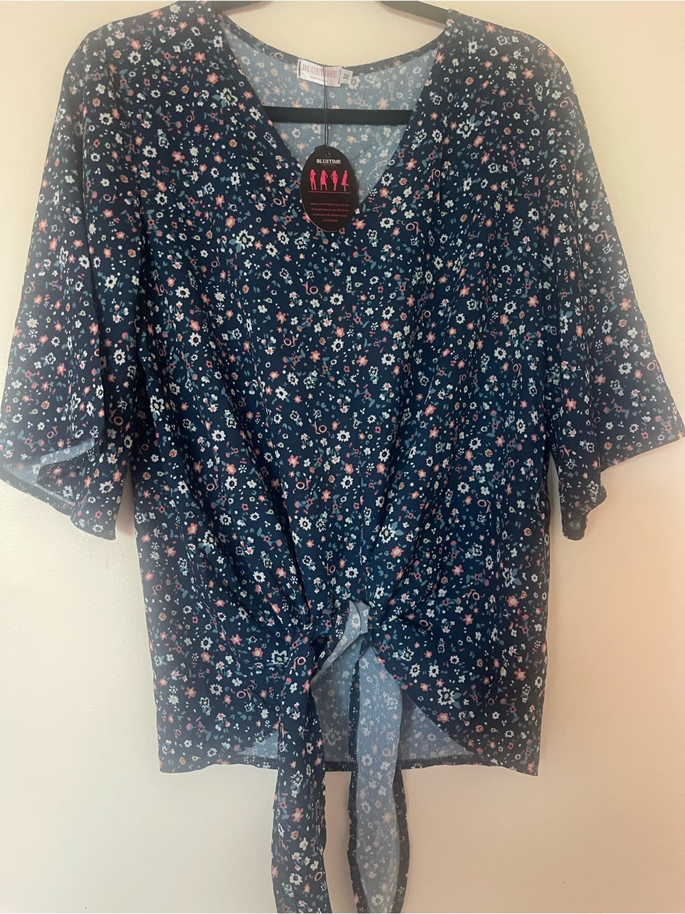 BluShine Navy Floral Tie-Front Women's Top